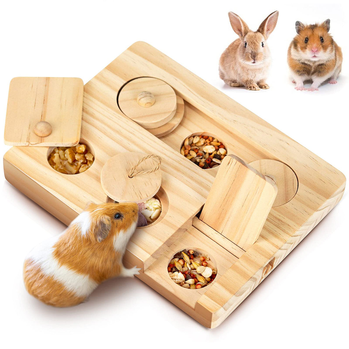 Guinea Pig Foraging Toys, 6 in 1 Hamsters Wooden Interactive Enrichment Toys, Treat Dispenser for Small Animal, for Rabbits, Bunny, Chinchillas, Rats and Gerbils