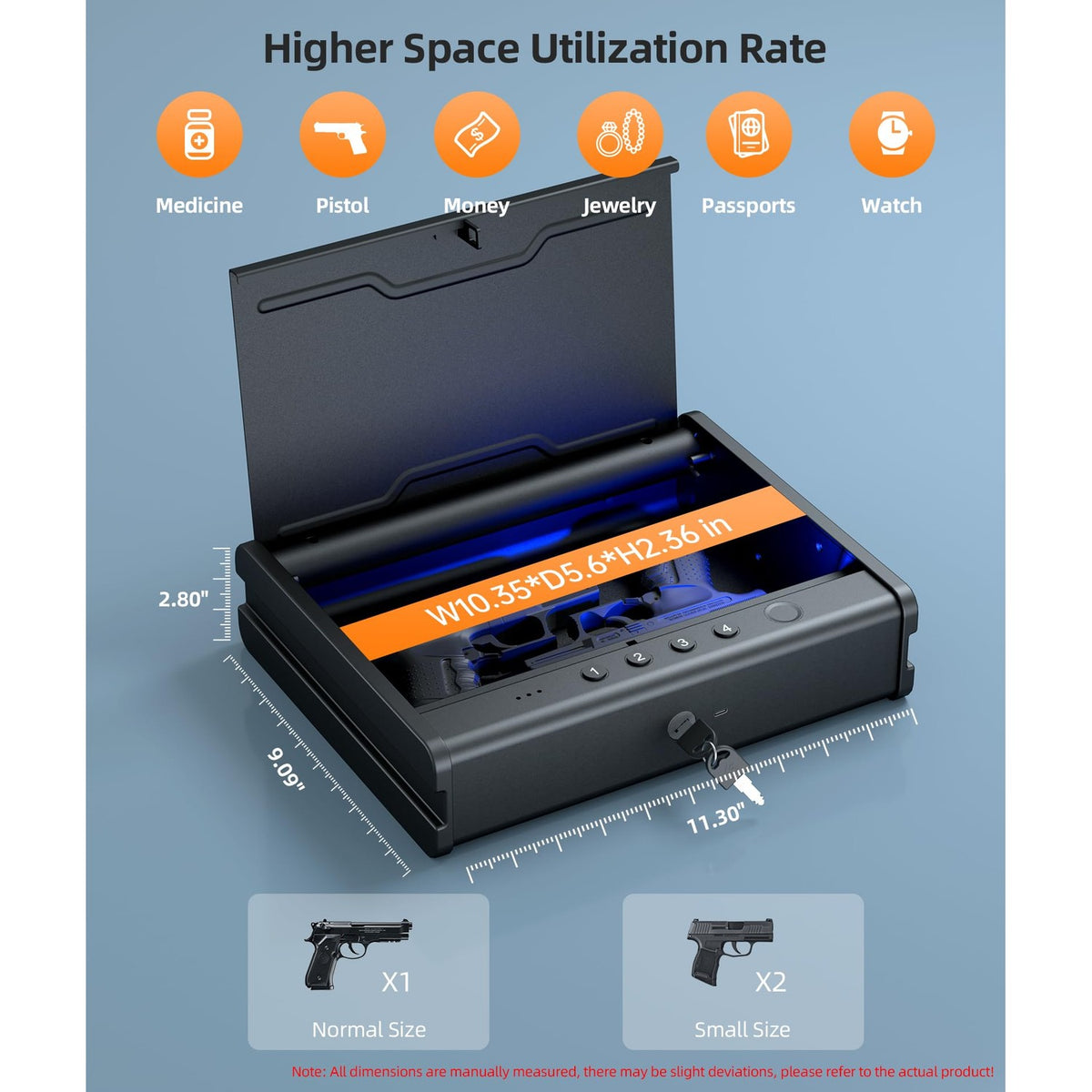 PINEWORLD Biometric Fingerprint Handgun Safe with Raised Backlit Keypad&Key