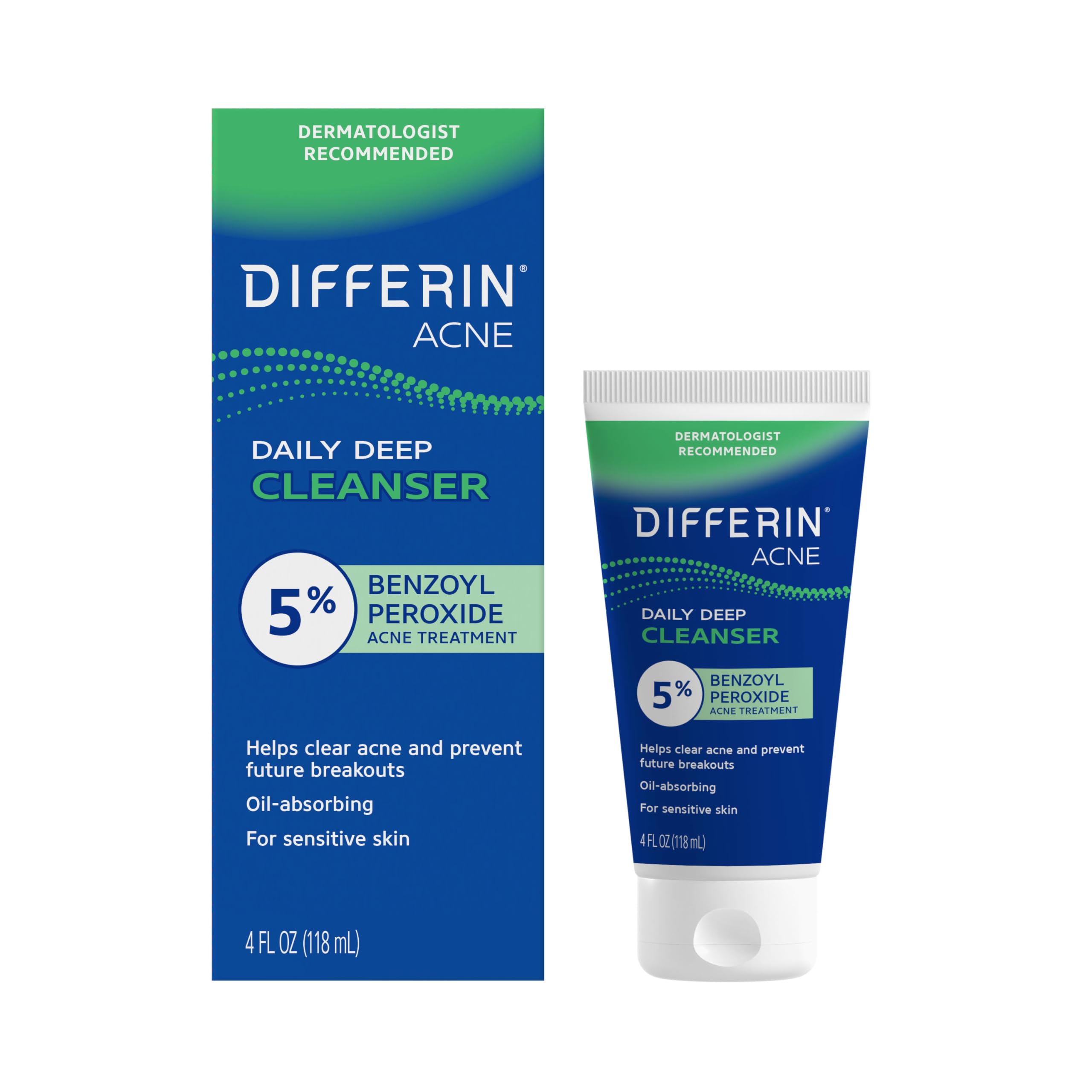 Differin Acne Face Wash, 5% Benzoyl Peroxide Daily Cleanser, 4oz | Gentle Acne Cleanser, Clears Breakouts, Sensitive Skin Safe, Benzoyl Peroxide Formula, Daily Use, 4 Oz