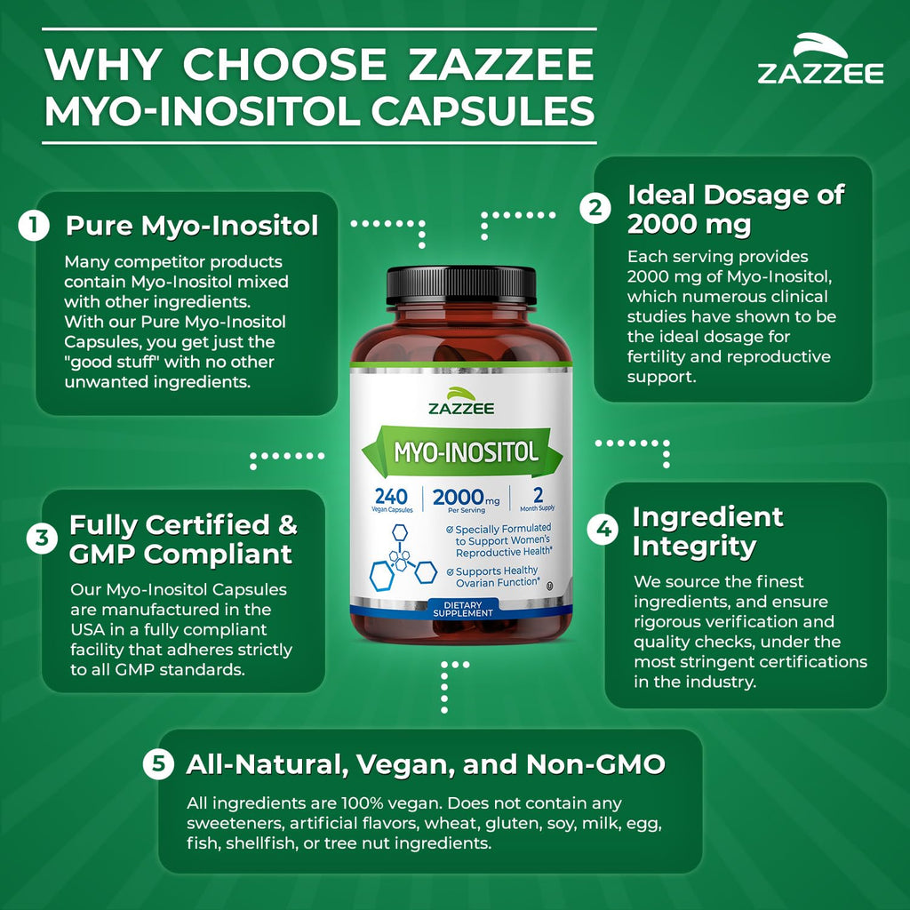 Zazzee Myo-Inositol Capsules, 2000 mg per Serving, 240 Vegan Capsules | Ideal Dosage for 40:1 Ratio, Certified Kosher, Hormone Balance & Healthy Ovarian Function Support, Non-GMO, Made in the USA