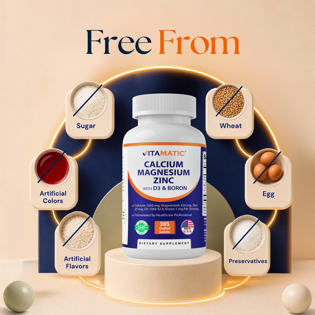 Vitamatic Calcium Magnesium Zinc D3 Boron | 365 Coated Tablets Supplement | Calcium 1200 mg, Magnesium 420mg, Zinc 25mg, Vitamin D3 1000 IU, Boron 1 mg | Non-GMO | Gluten Free | Made in USA