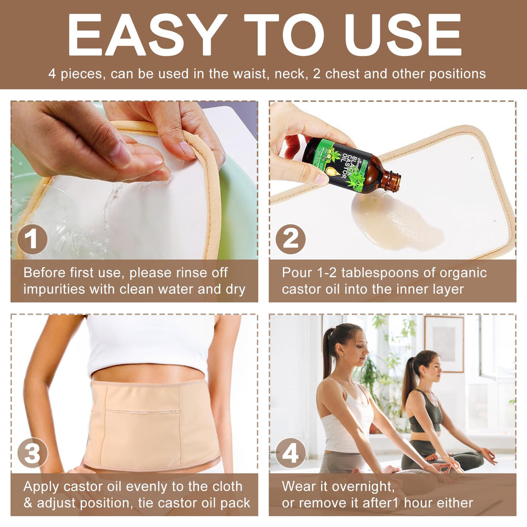 4 Pcs Castor Oil Pack Wrap Organic Cotton for Liver Detox, Stomach, Belly, Neck, Breast & Entire Body, Reusable Pads Kit for Hot/Cold Compress with Adjustable Elastic Strap, Waterproof & Anti Oil Leak