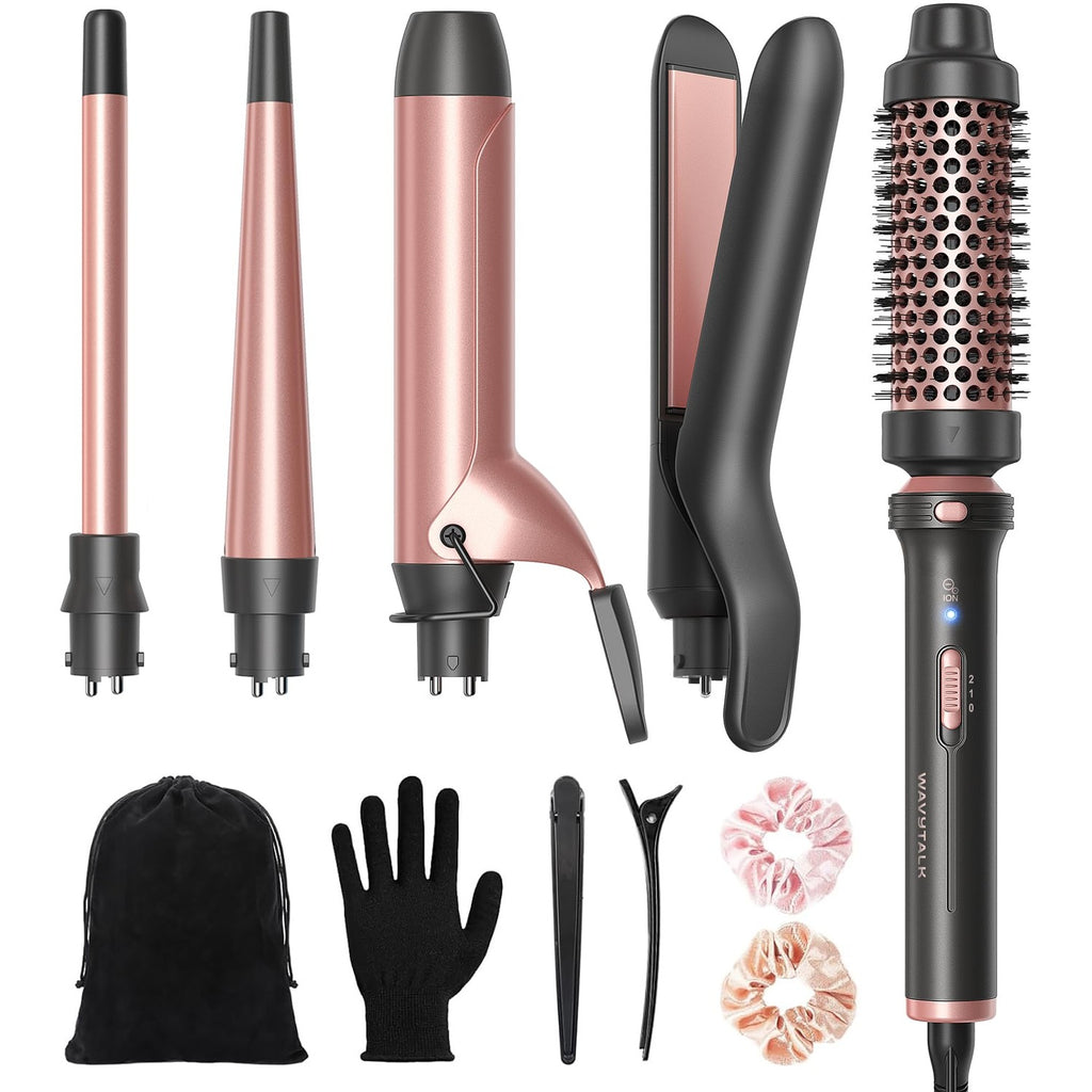 Wavytalk 5 in 1 Curling Iron Set with Heated Round Brush for Blowout Look | 4 Interchangeable Curling Iron(0.5”-1.25"), Ceramic-Coated Barrels for Smooth Glide,Less Damage,Dual Voltage Hair Curler