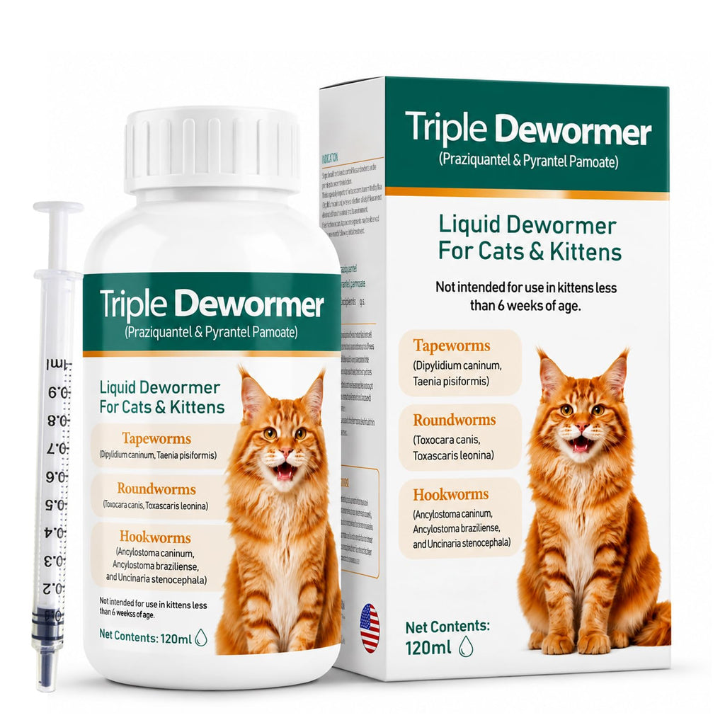 Cat Dewormer Triple Dewormer for All Worms Broad Spectrum Liquid Formula for Tapeworms, Roundworms & Hookworms, 120 mL