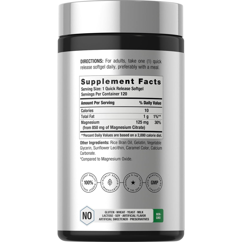 Horbäach Magnesium Citrate | 850mg | 120 Softgels | Superior Absorption
