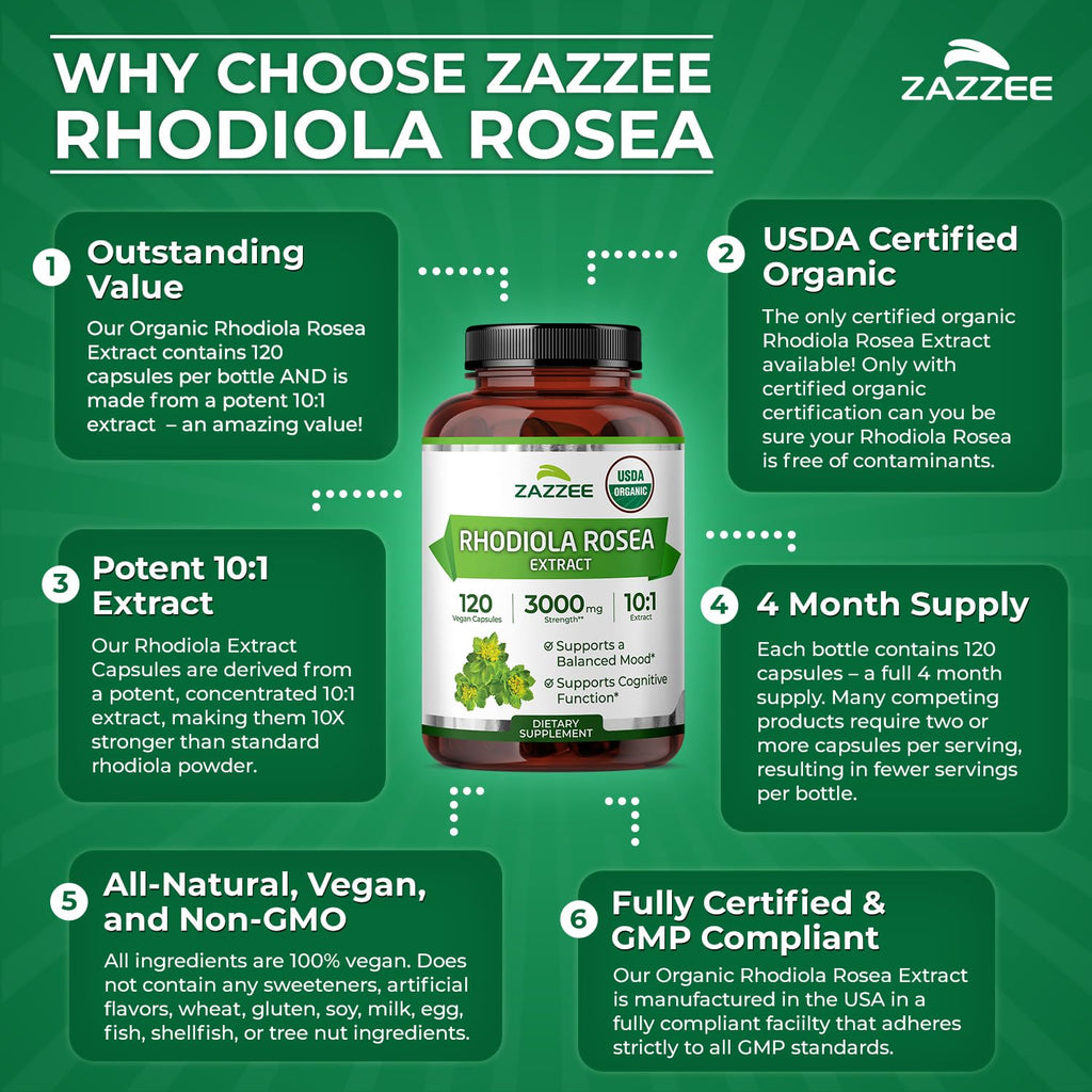 Zazzee USDA Organic Rhodiola 10:1 Extract, 120 Capsules, 4 Month Supply | Energy, Stress & Mental Focus Support, Rhodiola Rosea, Organic Herbal Supplement, All-Natural, Non-GMO, Made in the USA