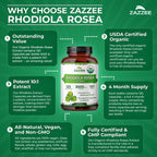 Zazzee USDA Organic Rhodiola 10:1 Extract, 120 Capsules, 4 Month Supply | Energy, Stress & Mental Focus Support, Rhodiola Rosea, Organic Herbal Supplement, All-Natural, Non-GMO, Made in the USA