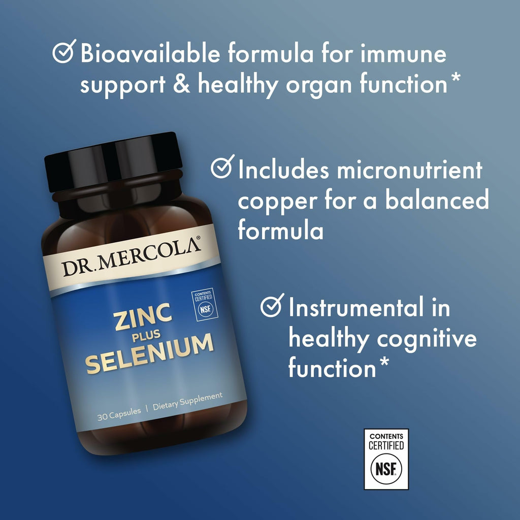 Dr. Mercola Zinc Plus Selenium, Mineral Blend, 30 Capsules (30 Servings) | Supports Immune, Brain, and Respiratory Health, Contains Zinc Glycinate Chelate and Copper, GMO-Free and Gluten-Free
