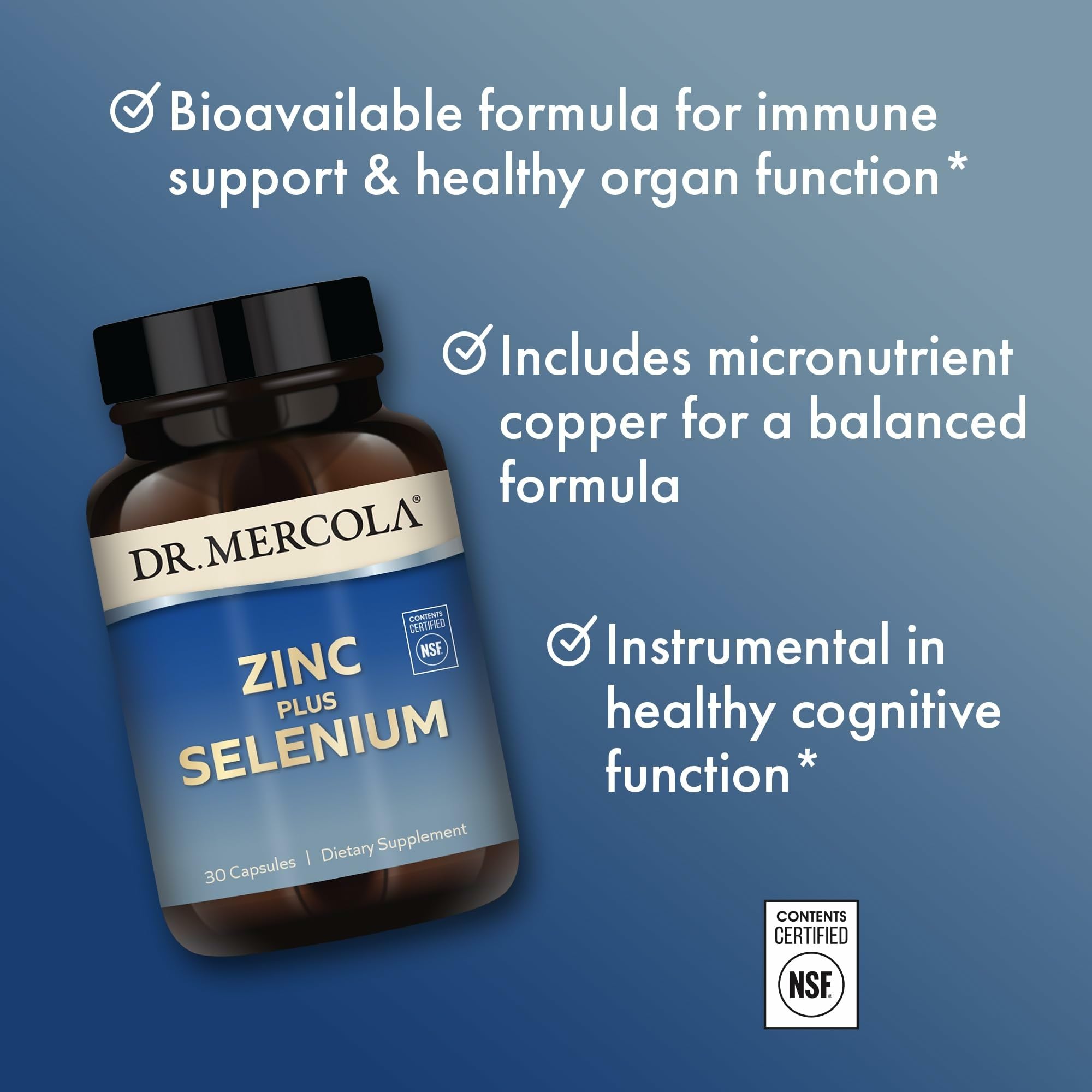 Dr. Mercola Zinc Plus Selenium, Mineral Blend, 30 Capsules (30 Servings) | Supports Immune, Brain, and Respiratory Health, Contains Zinc Glycinate Chelate and Copper, GMO-Free and Gluten-Free