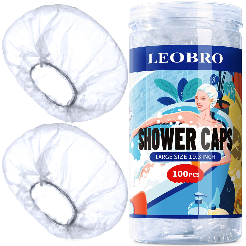LEOBRO 100PCS Disposable Shower Caps, Shower Caps for Women Disposable, Clear Plastic Shower Cap, Plastic Hair Caps for Hair Treatment, Regular Size 17.3 INCH
