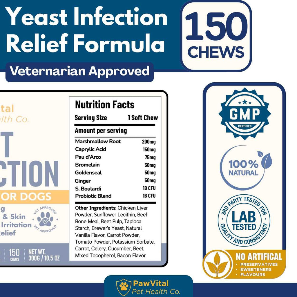 Natural Yeast Infection Treatment for Dogs, 150 Chews – Anti Yeast Support for Itchy Skin & Ears – Helps Reduce Irritation & Paw Licking – Probiotic + Herbal Blend – Bacon Flavored Soft Chews
