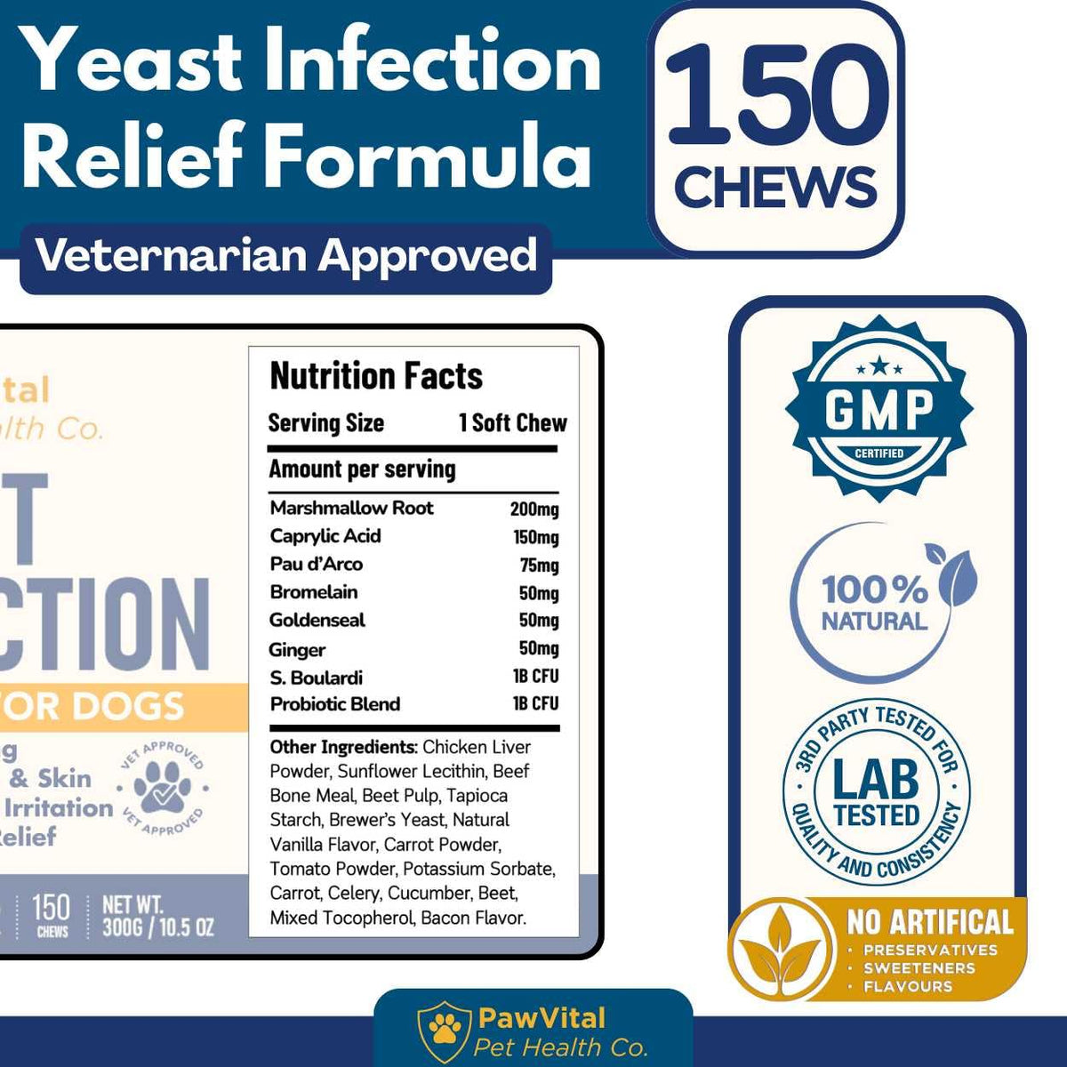 Natural Yeast Infection Treatment for Dogs, 150 Chews – Anti Yeast Support for Itchy Skin & Ears – Helps Reduce Irritation & Paw Licking – Probiotic + Herbal Blend – Bacon Flavored Soft Chews