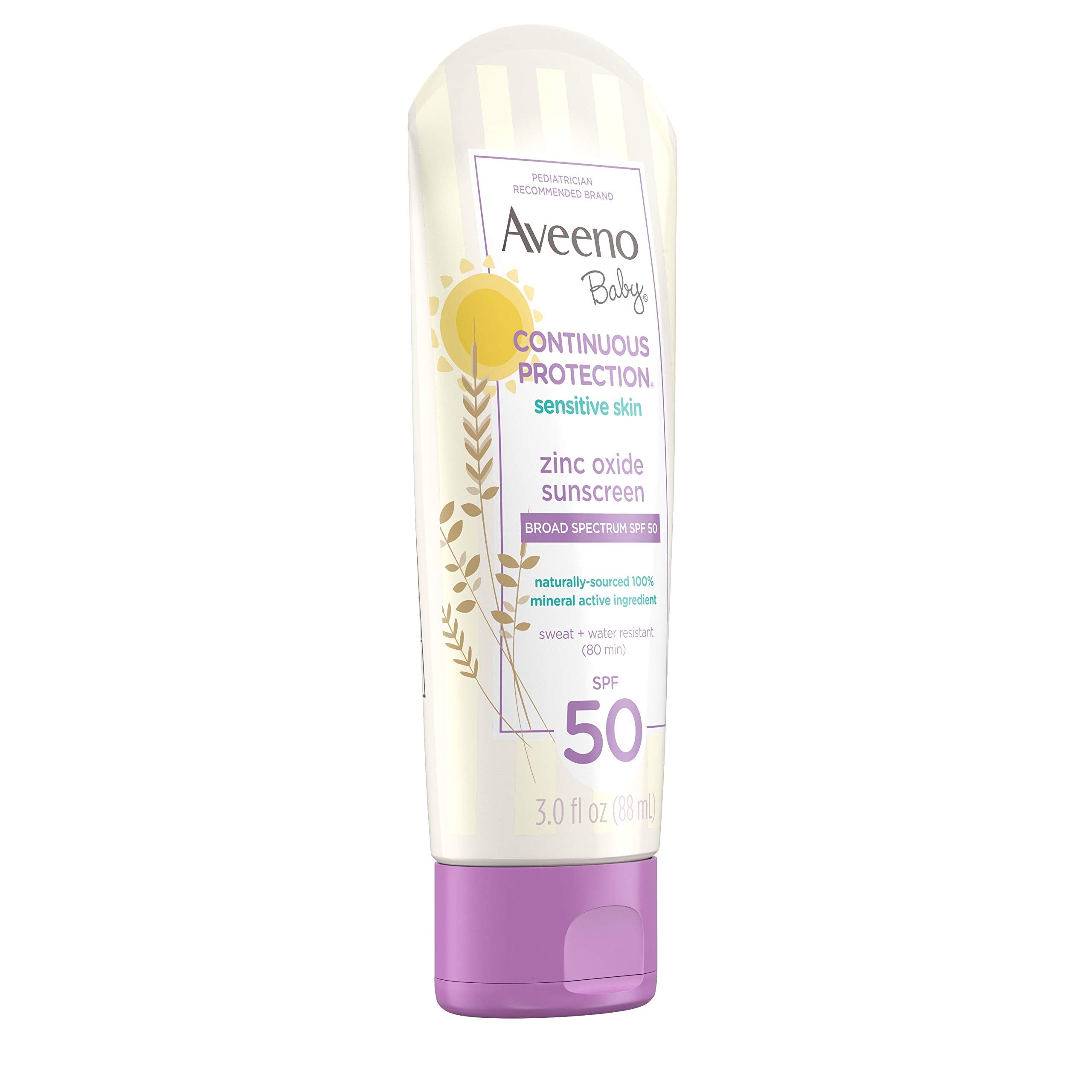 Aveeno Baby Continuous Protection Zinc Oxide SPF 50 Sunscreen for Babies with Sensitive Skin, Broad Spectrum Sun Protection, Tear-Free, Sweat- & Water-Resistant, No added Parabens, 3 Fl Oz