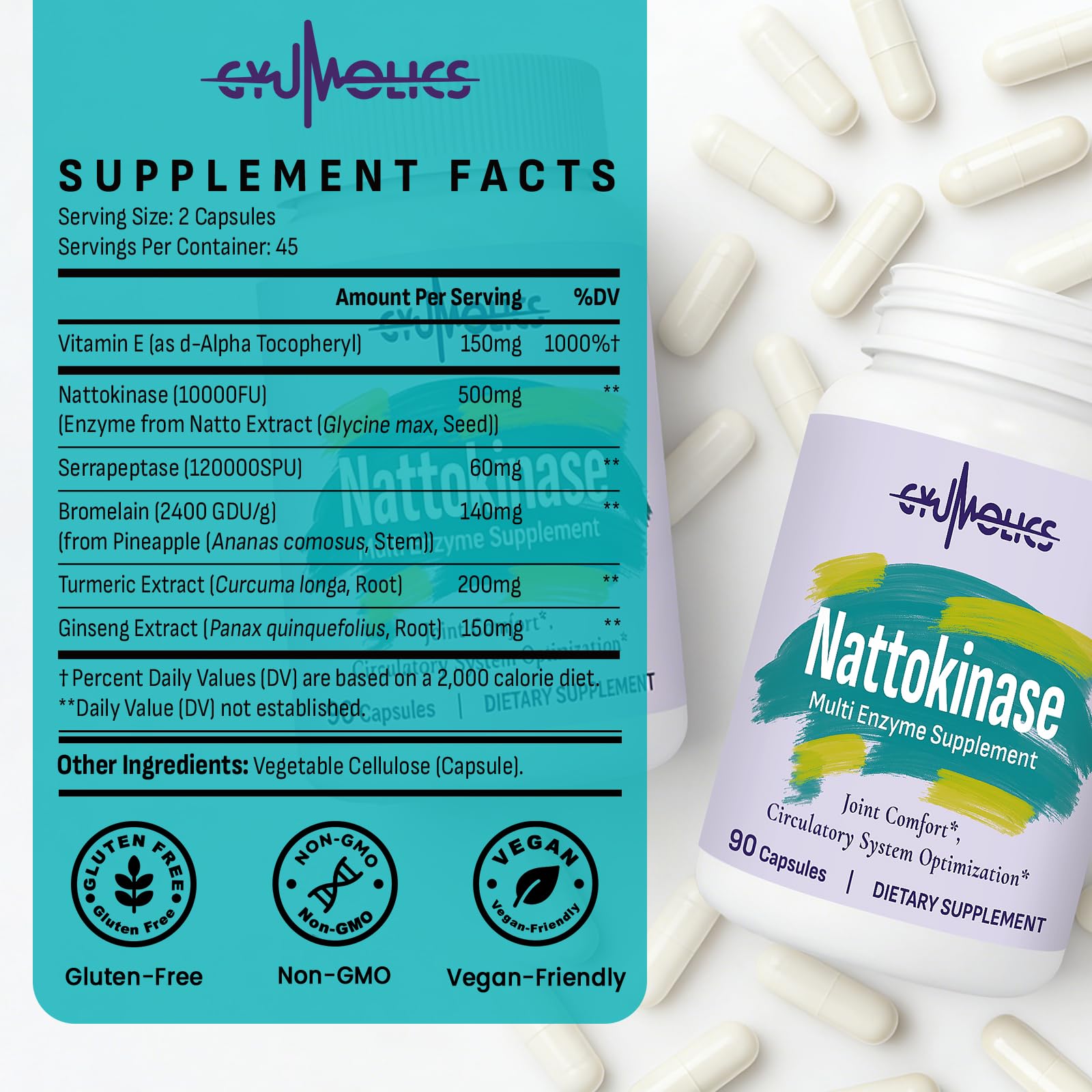 Nattokinase Supplement 10000 Fu Organic Nattokinase 90 Capsules | Multi-Enzyme Supplement with Serrapeptase, Bromelain, Curcumin, Vitamin E & Ginseng, for Movement Comfort & Body Circulation