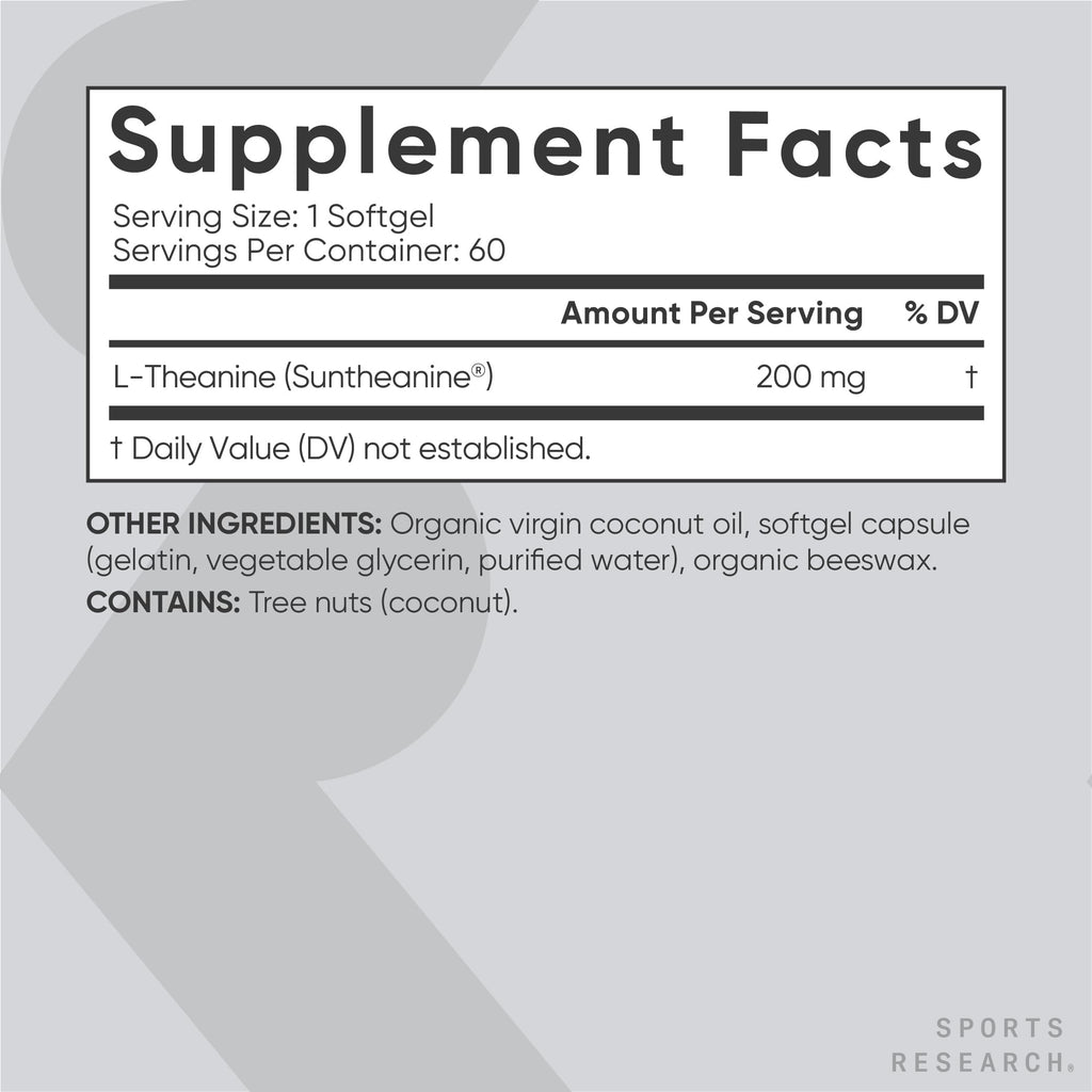 Sports Research® L-Theanine 200mg with Suntheanine®, 60 Softgels | Double Strength Relaxation, Focus & Mood Support - Made w/ Organic Coconut Oil | Non-GMO, Gluten-Free, 60 Servings