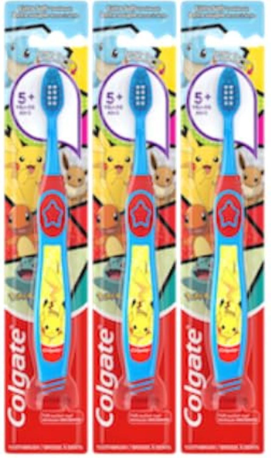 Colgate Pokémon Toothbrush with Suction Cup, for Chiildren 5+ Years Old, Extra Soft (Colors & Characters Vary) - Pack of 3