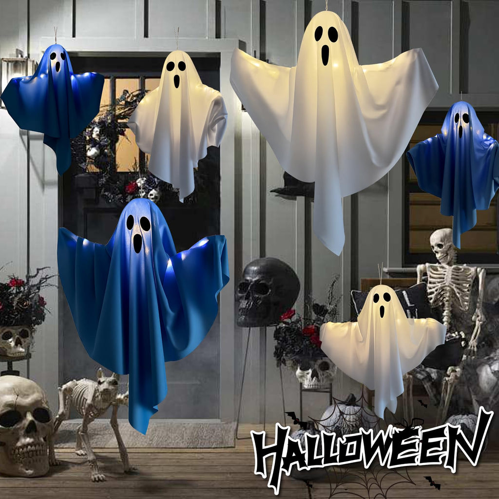 3 Pack Light Up Hanging Ghosts Halloween Decorations, 22.5" White Hanging Ghost Decor for Outdoor Yard Porch Patio Garden, Battery Operated Halloween Party Decorations