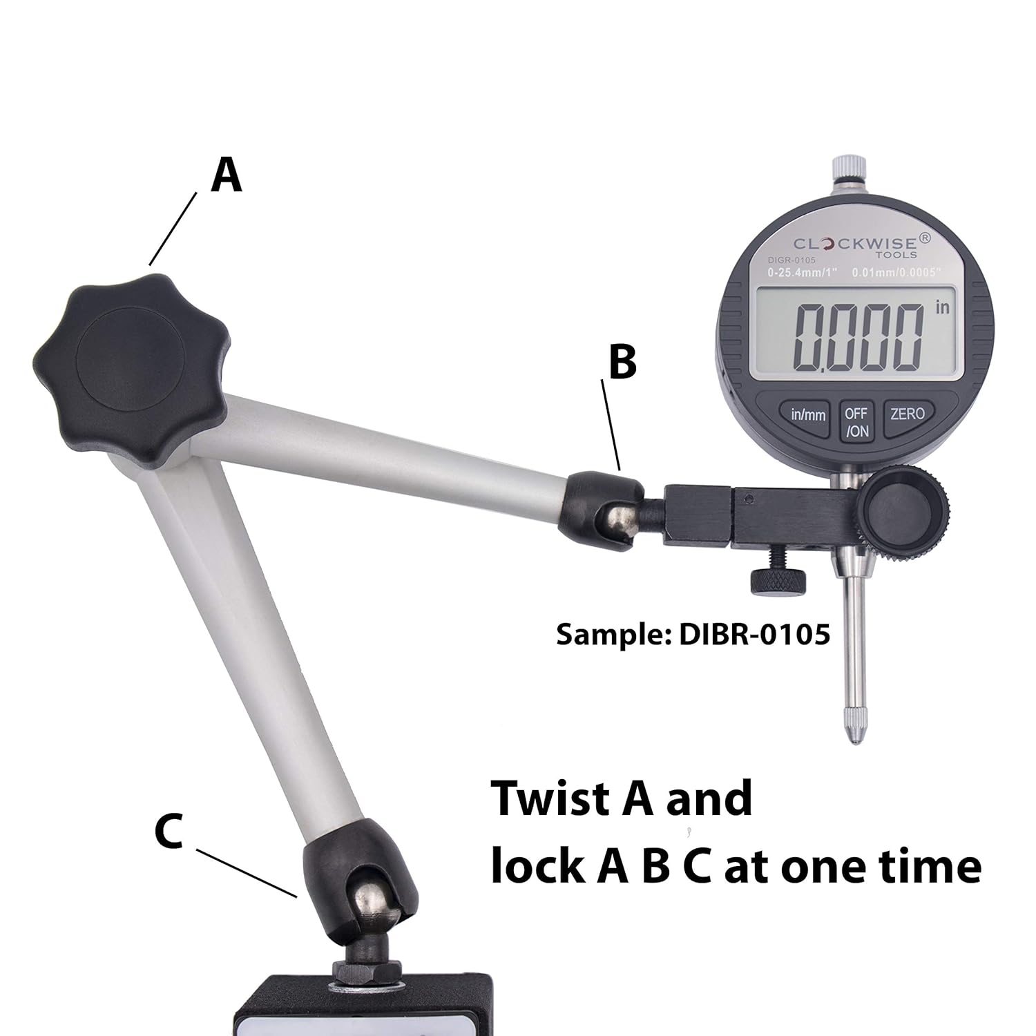 Buy now Clockwise Tools Digital Indicator with Magnetic Base Holder Stand, DIBR-0105 0-1 Inch/25.4mm, Inch/Metric Conversion, Auto Off at indiglob india