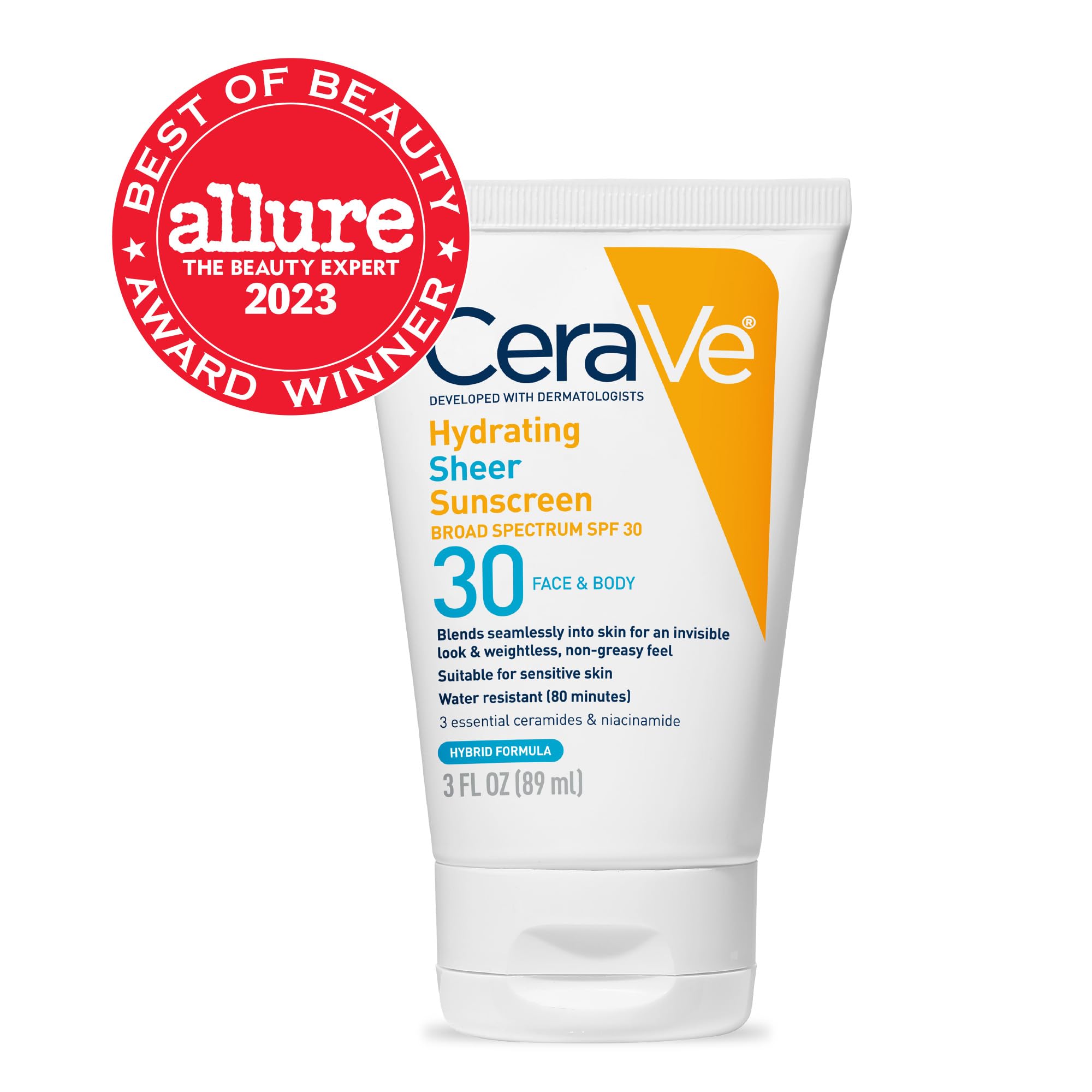 CeraVe Hydrating Sheer Sunscreen SPF 30 with Hyaluronic Acid, 3oz | Mineral and Chemical Sunscreen For Face and Body with Zinc Oxide & Ceramides, Fragrance-Free & Paraben-Free