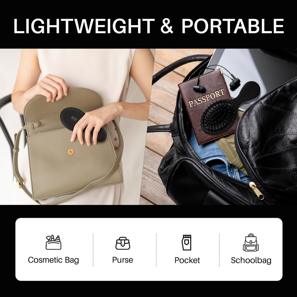 Premium imported RHOS folding brush with mirror, ideal for on-the-go touch-ups in cosmetic bags or purses.