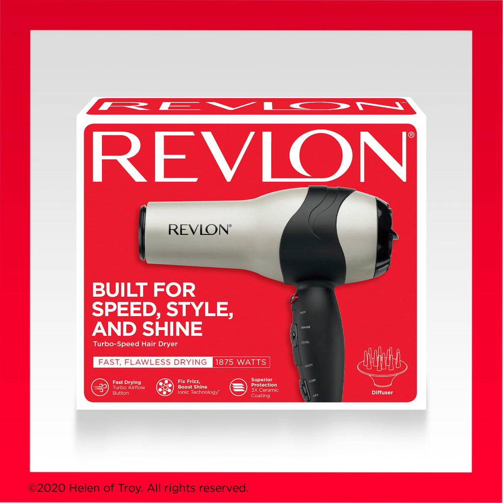 REVLON Turbo Hair Dryer | 1875 Watts of Maximum Shine, Fast Dry (Silver) | Built for Speed, Style & Shine, Fast Drying, Reduces Frizz, 3X Ceramic Coating