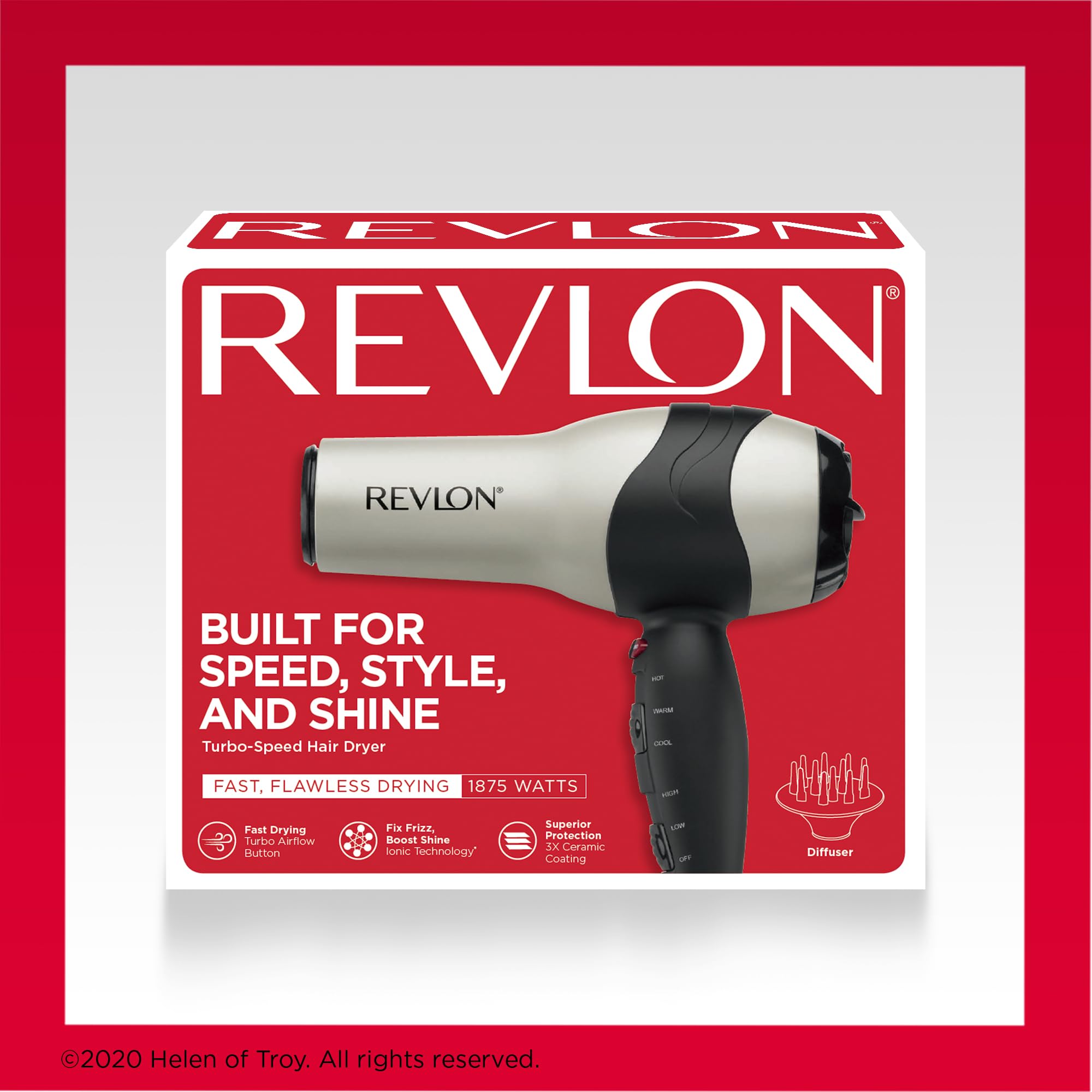 REVLON Turbo Hair Dryer | 1875 Watts of Maximum Shine, Fast Dry (Silver) | Built for Speed, Style & Shine, Fast Drying, Reduces Frizz, 3X Ceramic Coating