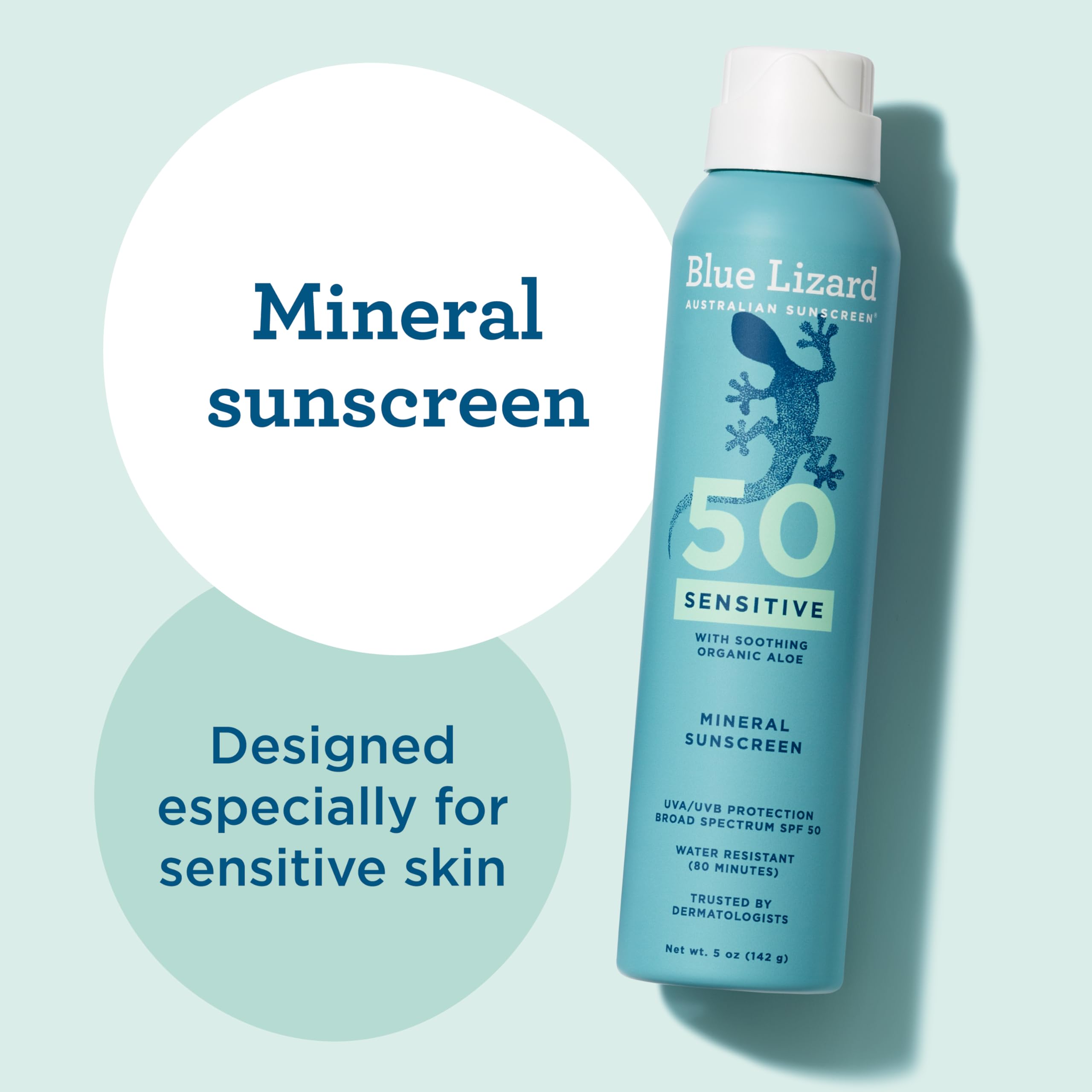 Blue Lizard Sensitive Mineral SPF 50 Spray, Dermatologist-Recommended Brand, Broad-Spectrum UVA/UVB Protection, Water-Resistant, Zinc Oxide Formula, 5 oz