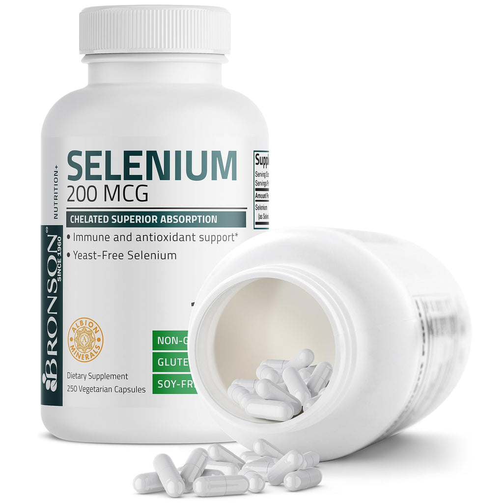 Bronson Selenium 200 mcg Albion Chelated Amino Acid Complex, 250 Capsules | Yeast-Free Essential Trace Mineral, Immune, Prostate & Metabolism Support, Vegetarian, Non-GMO, Gluten-Free & Soy-Free