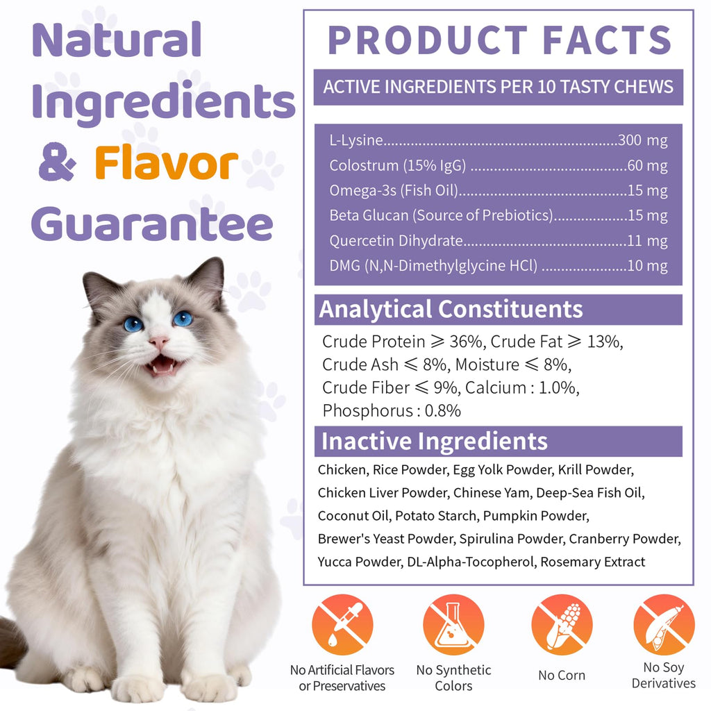 Lysine for Cats Treats for Immune Support with Colostrum, Omega-3, 500ct