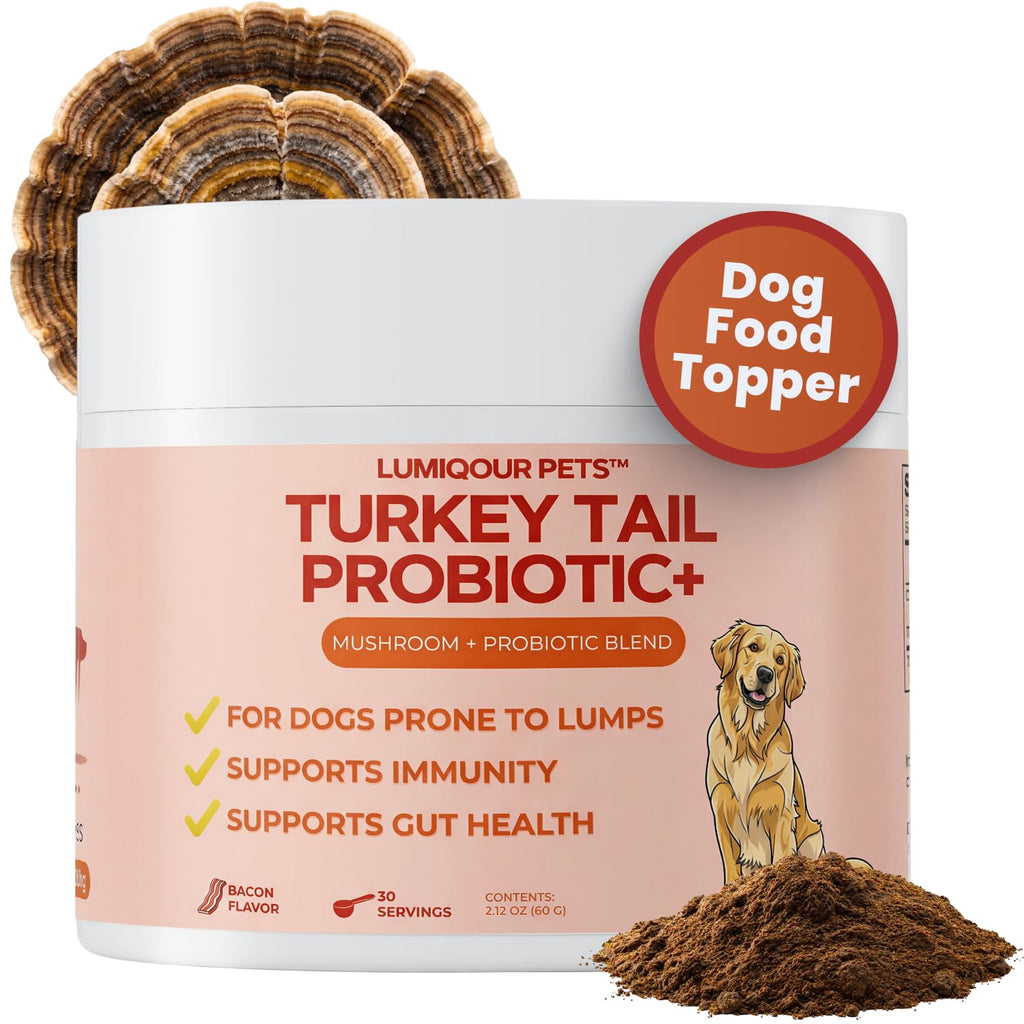 Turkey Tail Mushroom for Dogs – Turkey Tail Mushroom Powder with Probiotics for Immune and Digestive Support, Supports Lumps and Bumps, Bacon Flavored Daily Dog Supplement
