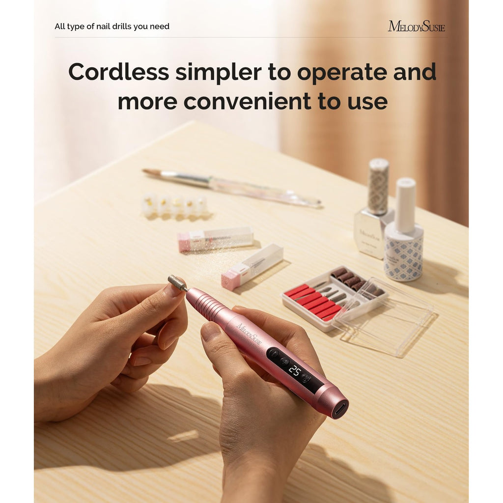 MelodySusie Pen-Shaped Portable Cordless Nail Drill,PC180G 25000RPM Rechargeable Electric File with LED Display for All Nail Care, Manicure Shaping & Acrylic Gel Removal for Nail Artists DIY at Home