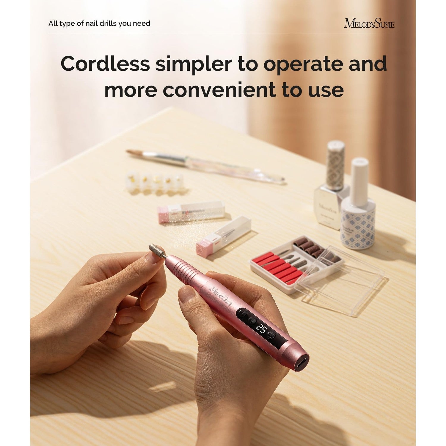 MelodySusie Pen-Shaped Portable Cordless Nail Drill,PC180G 25000RPM Rechargeable Electric File with LED Display for All Nail Care, Manicure Shaping & Acrylic Gel Removal for Nail Artists DIY at Home