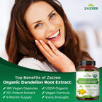 Zazzee USDA Organic Dandelion Root 10:1 Extract, 180 Capsules | 6 Month Supply, Liver & Detox Support, Taraxacum Officinale, Organic Herbal Supplement, All-Natural, Non-GMO, Made in the USA