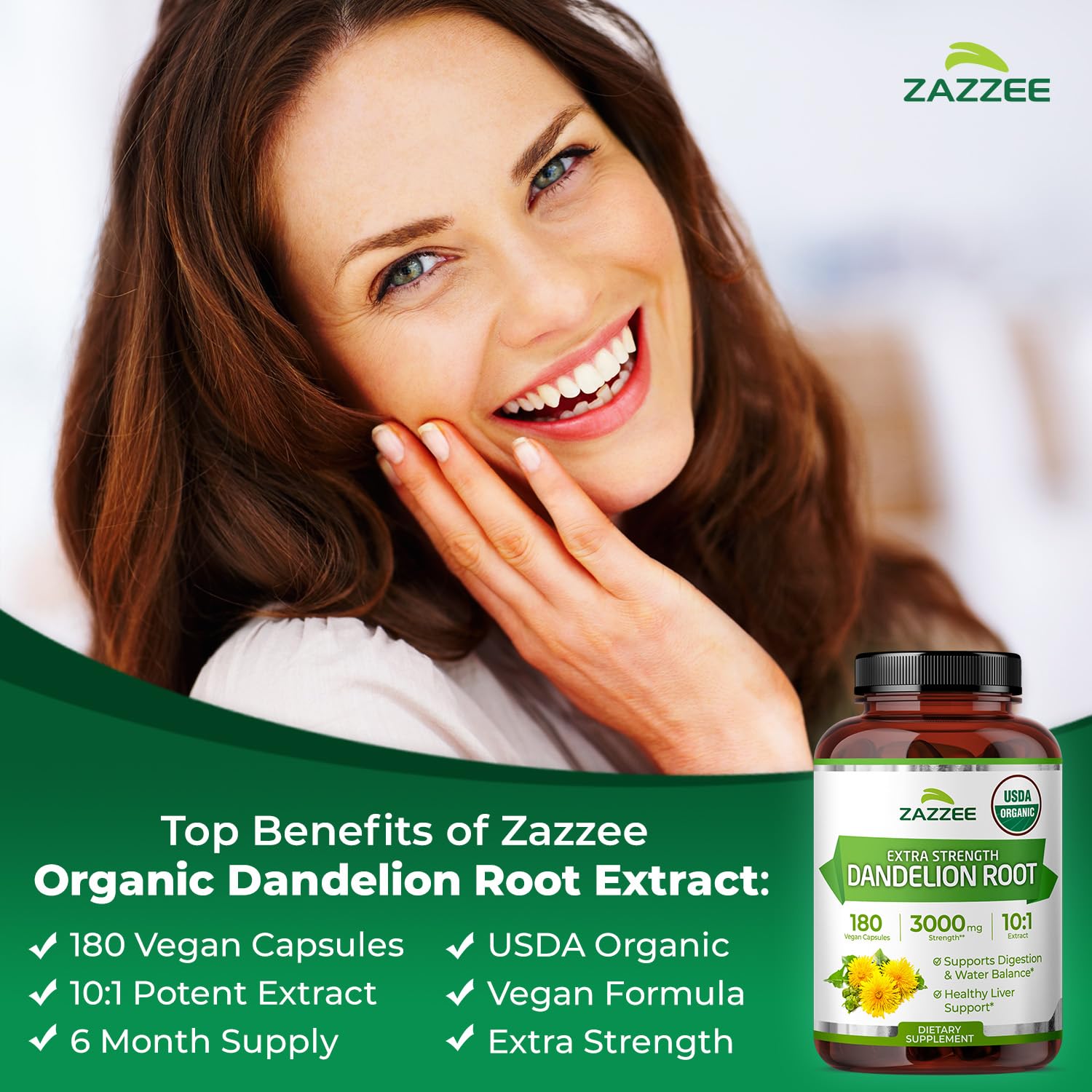 Zazzee USDA Organic Dandelion Root 10:1 Extract, 180 Capsules | 6 Month Supply, Liver & Detox Support, Taraxacum Officinale, Organic Herbal Supplement, All-Natural, Non-GMO, Made in the USA
