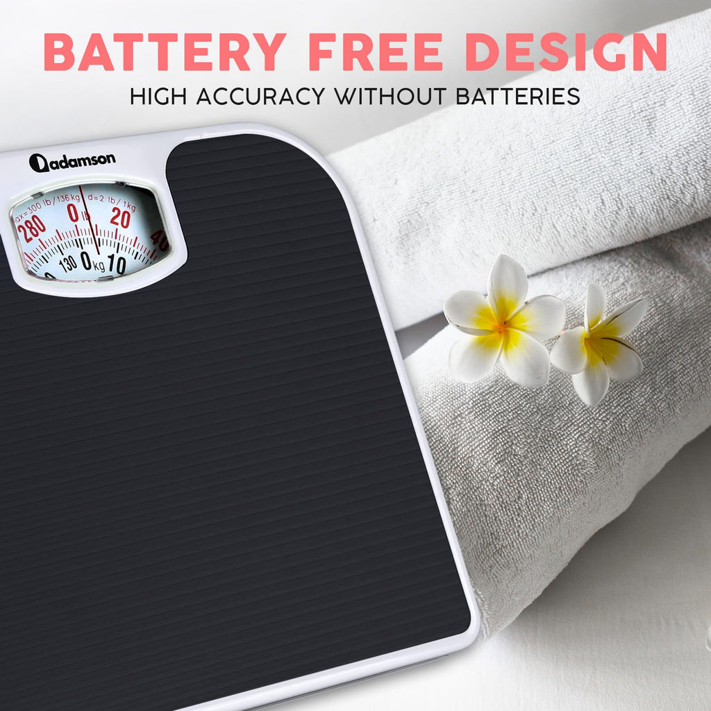 Adamson A21 Analog Scales for Body Weight - Up to 300 LB - New - Anti-Skid Rubber Surface + Large Numbers - Analog Bathroom Scale - Affordable - Durable with 20-Year Assurance - Black