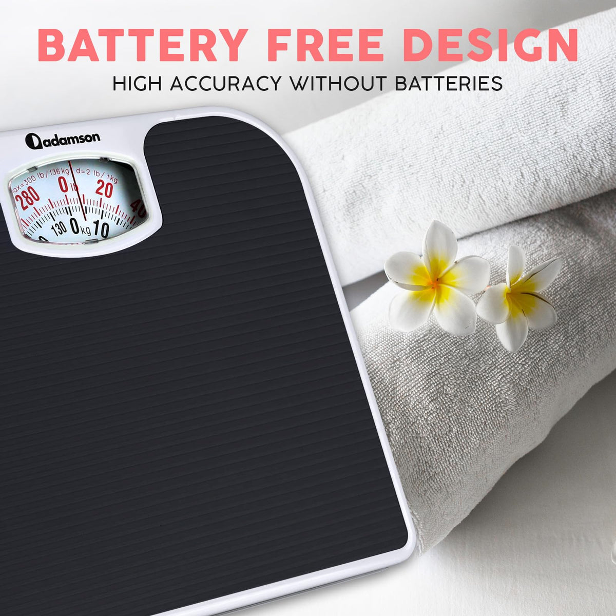 Adamson A21 Analog Scales for Body Weight - Up to 300 LB - New - Anti-Skid Rubber Surface + Large Numbers - Analog Bathroom Scale - Affordable - Durable with 20-Year Assurance - Black