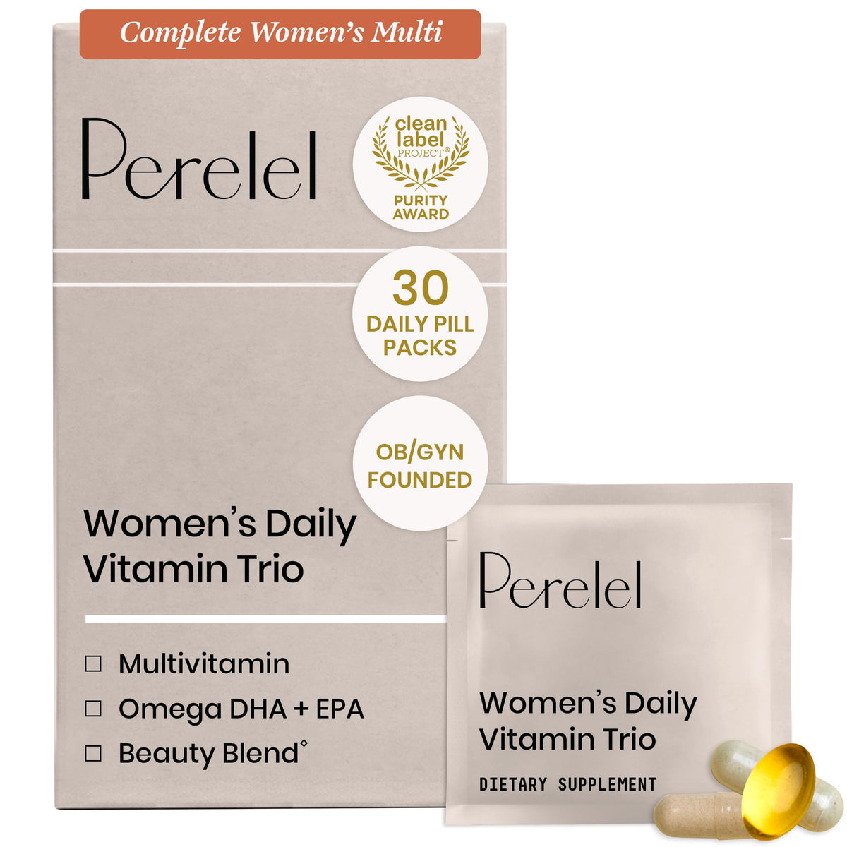 Perelel Womens Daily Vitamin Trio, Multivitamin, Omega 3 DHA, & Biotin