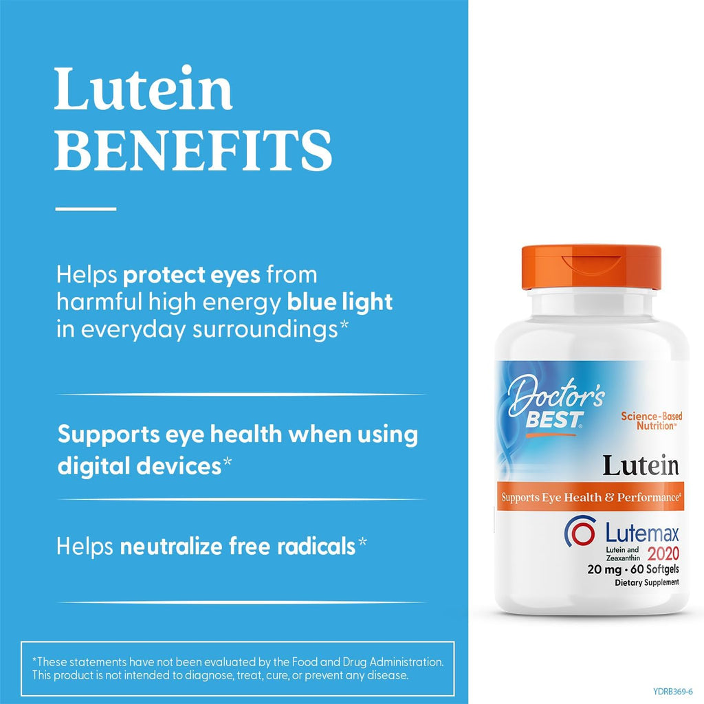 Buy now Doctors Best Lutein, Supports Eye Health & Performance, Non-GMO, Gluten Free, 20 mg, 60 Softgels at indiglob india