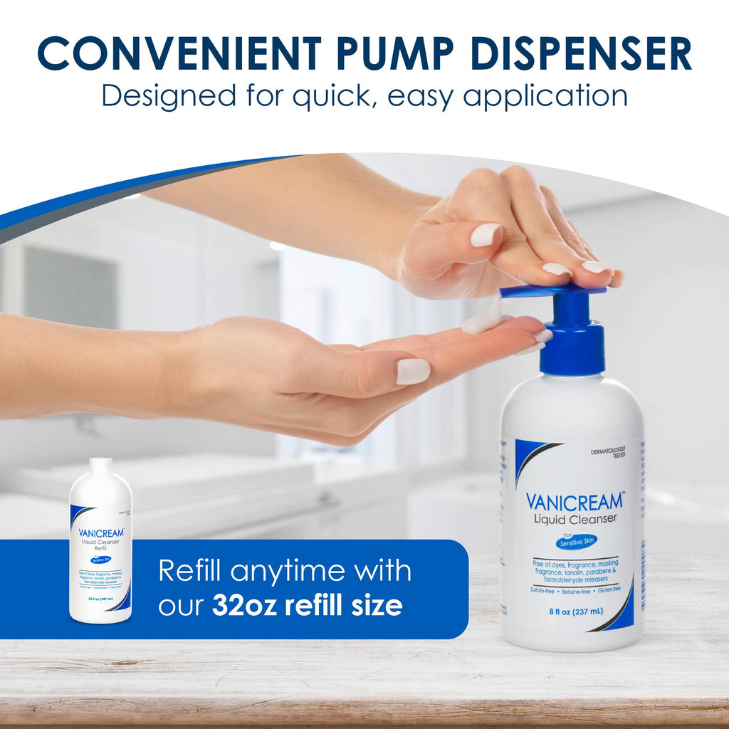 Vanicream Liquid Cleanser, 8 Fl Oz Pump, Formulated without Common Irritants for Sensitive Skin, Gentle & Non-Drying Body & Face Wash, Non-Comedogenic, Removes Dirt & Excess Oils, pH Balanced