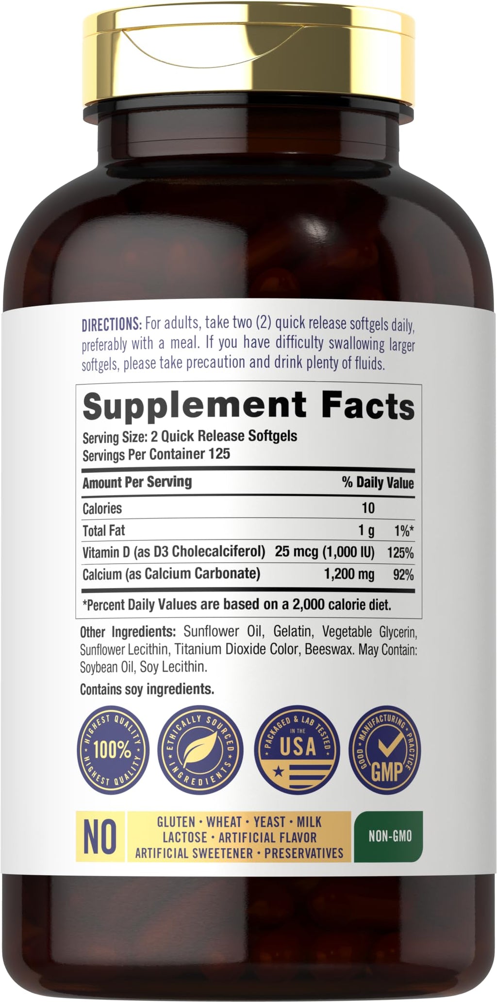 Carlyle Calcium 1200 mg with Vitamin D3 | 250 Softgels | Vitamin D3 1000 IU
