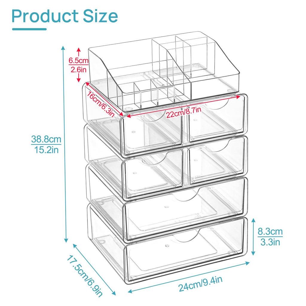 Vtopmart 5 Tier Clear Makeup Organizer with 6 Drawers | Smart Storage Layout, Clear for Better Visibility, Stackable, Large Capacity, for Makeup Lipstick Brush Skincare