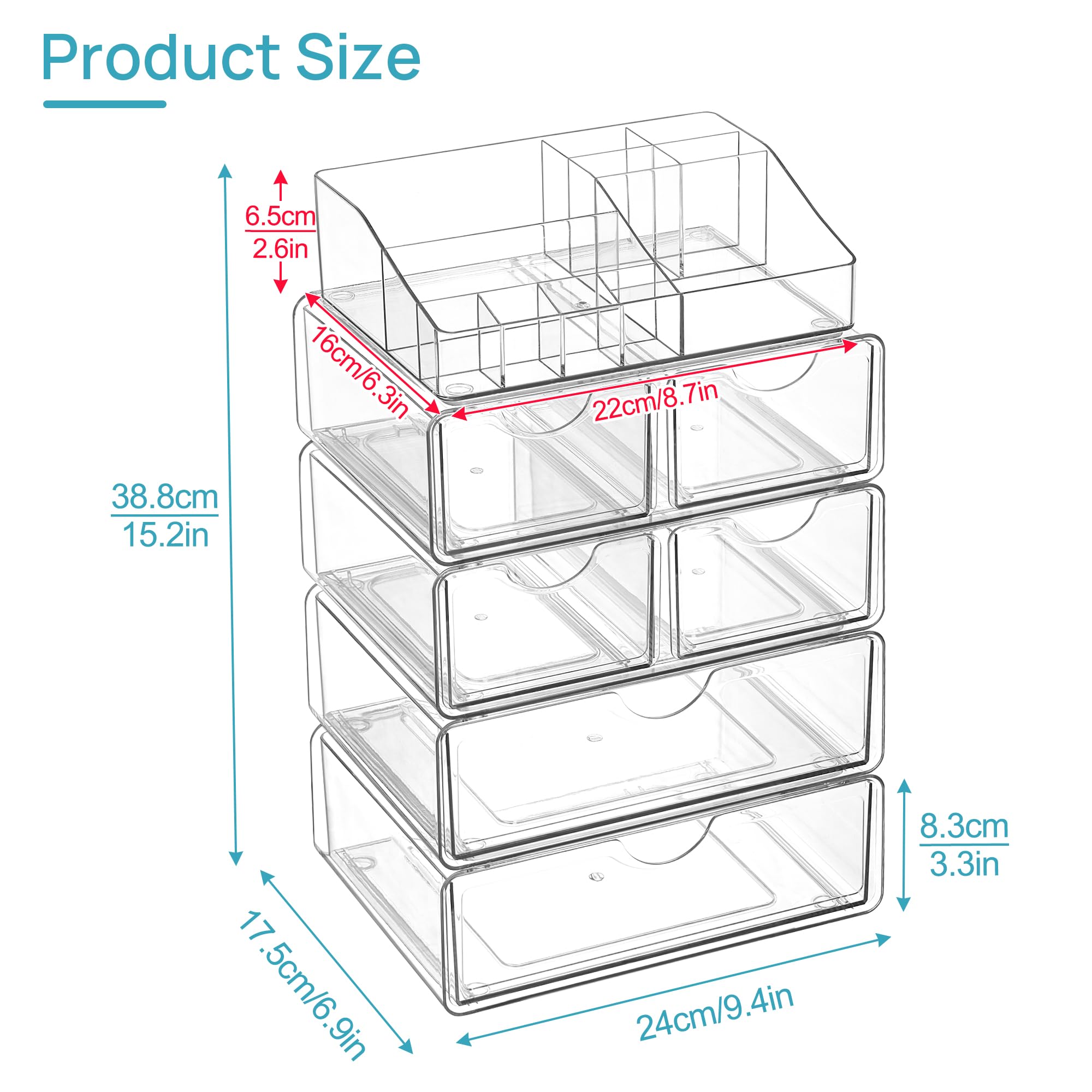 Vtopmart 5 Tier Clear Makeup Organizer with 6 Drawers | Smart Storage Layout, Clear for Better Visibility, Stackable, Large Capacity, for Makeup Lipstick Brush Skincare