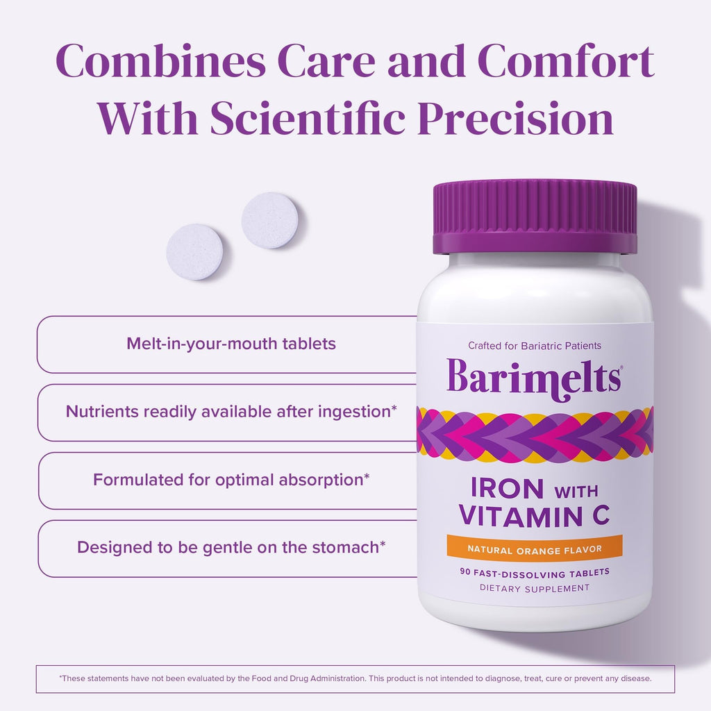 Barimelts Iron with Vitamin C, 180 Fast-Dissolving Tablets (2-Month Supply), Sugar-Free Bariatric Iron Supplement for Women, Natural Orange Flavor