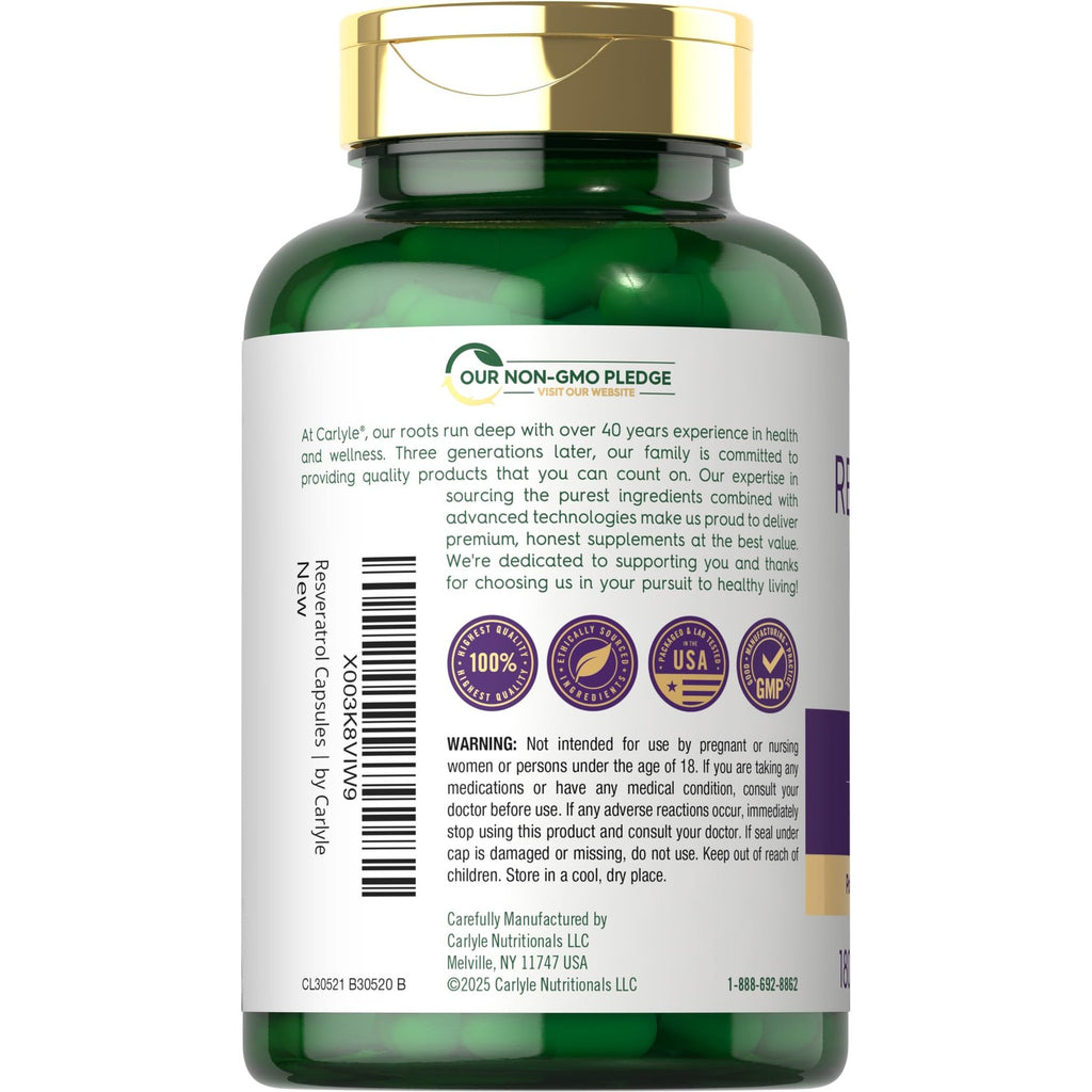 Carlyle Resveratrol Complex - 180 Capsules | Trans Resveratrol Supplement with Grape Seed Extract - Non GMO, Gluten Free