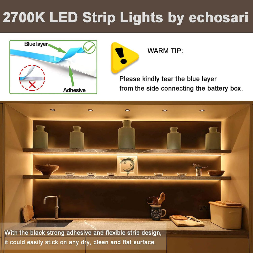 Buy now echosari Battery Powered Led Strip Lights with Remote Warm White, 8 Modes, Dimmable, Timer, Self-Adhesive, Cuttable, Waterproof, 9.8FT 90Led Strip Lights for TV Kitchen Cupboard Bedroom Decor at indiglob india