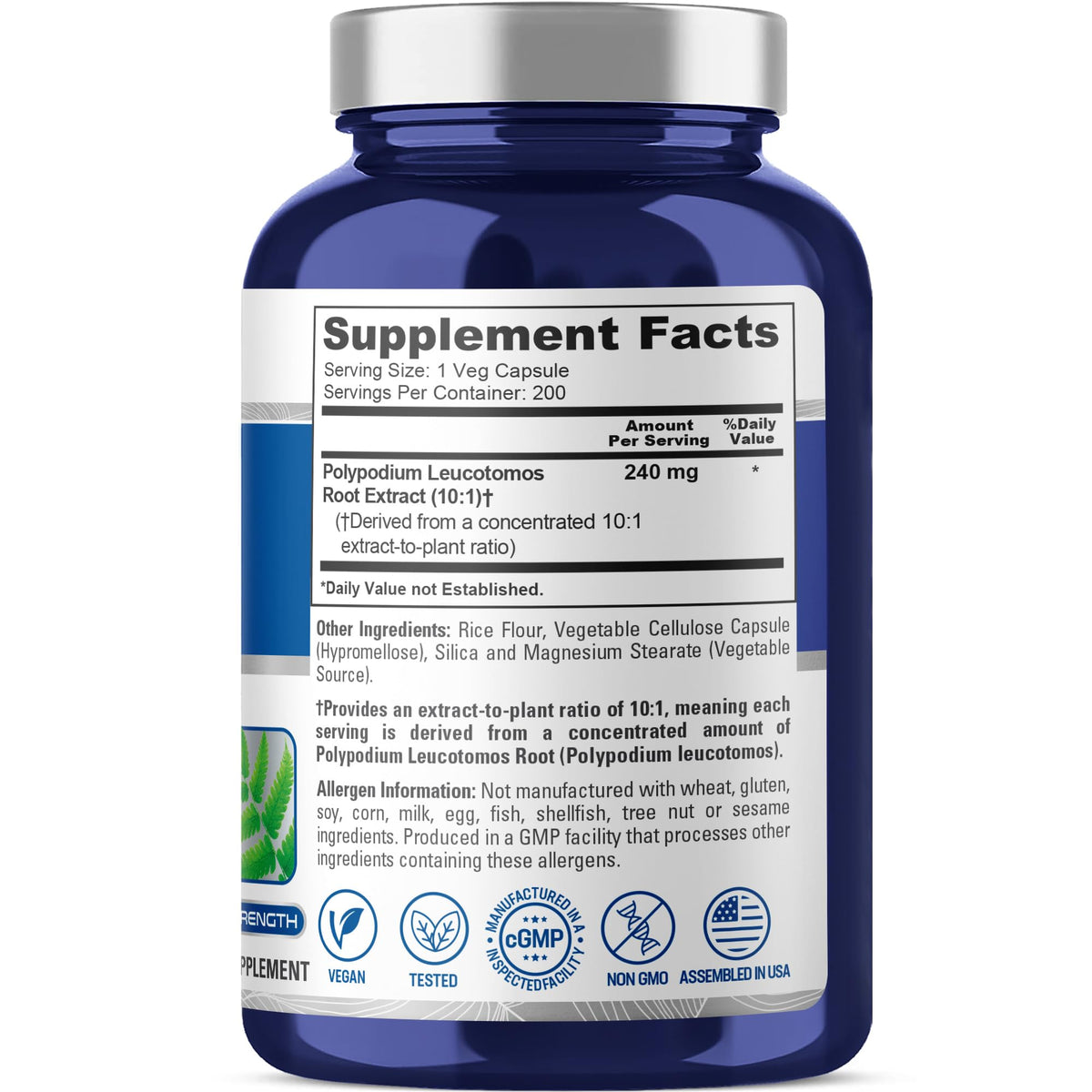 NusaPure Polypodium, Vegan, 240mg, 200 Veggie Capsules - 200 Servings