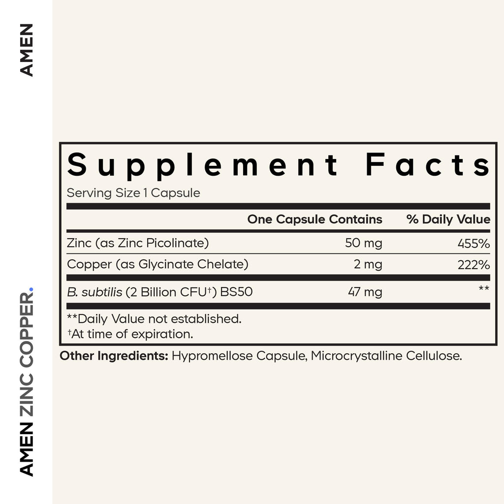 Amen Zinc & Copper Supplement + Probiotics, 3 Months Supply, One Per Day - 50 mg Zinc Picolinate Vitamin Pills - Essential Minerals Supplements – 2 Billion CFUs Probiotic – Vegan, Non-GMO, 90 Capsules