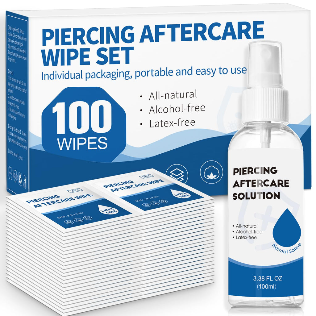 2 in 1 Piercing Aftercare Spray & Wipes Kit: Non-Greasy Saline Solution for Keloid Bump Removal, Piercing Bump Treatment Solution, Ear Nose Lip Belly Piercing Cleaner Wipes(3.38oz + 100ct)