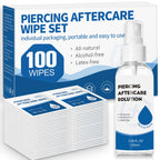 2 in 1 Piercing Aftercare Spray & Wipes Kit: Non-Greasy Saline Solution for Keloid Bump Removal, Piercing Bump Treatment Solution, Ear Nose Lip Belly Piercing Cleaner Wipes(3.38oz + 100ct)