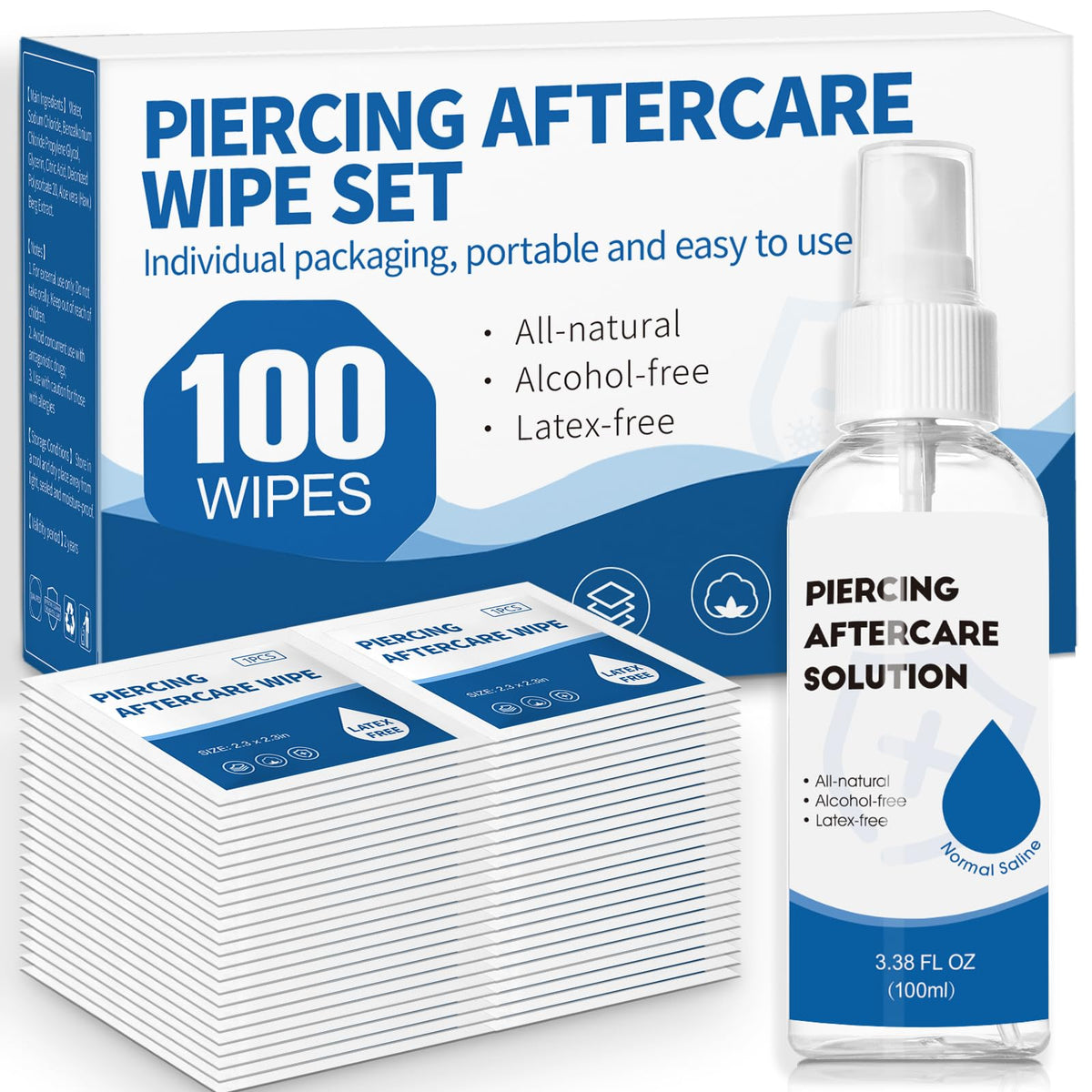 2 in 1 Piercing Aftercare Spray & Wipes Kit: Non-Greasy Saline Solution for Keloid Bump Removal, Piercing Bump Treatment Solution, Ear Nose Lip Belly Piercing Cleaner Wipes(3.38oz + 100ct)
